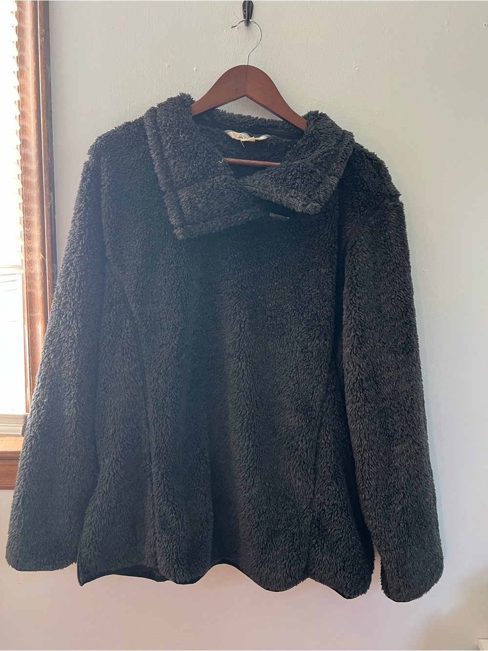 Cozy Black Teddy Jacket with Funnel Collar - Women